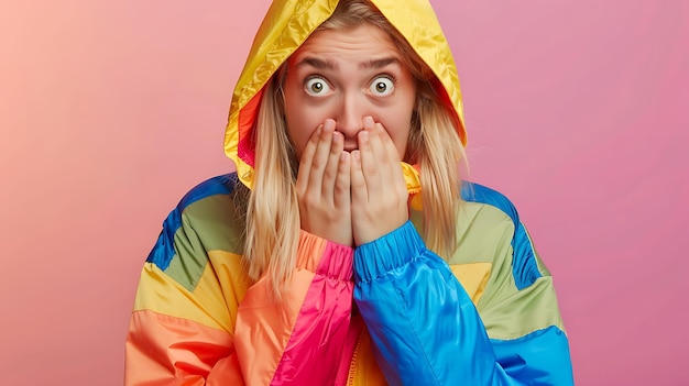 Young woman in vibrant jacket hiding mouth with hands