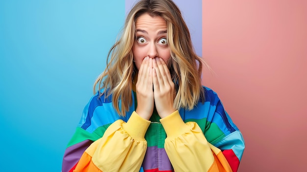 Young woman in vibrant jacket hiding mouth with hands