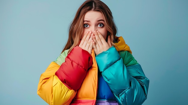 Photo young woman in vibrant jacket hiding mouth with hands