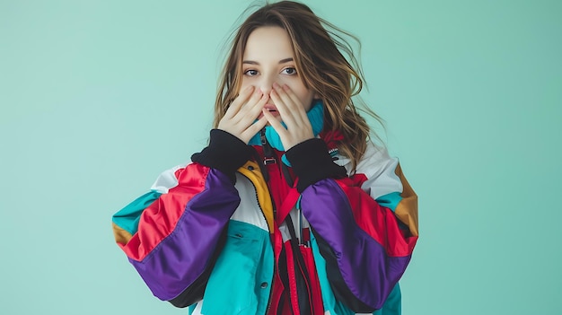 Photo young woman in vibrant jacket hiding mouth with hands