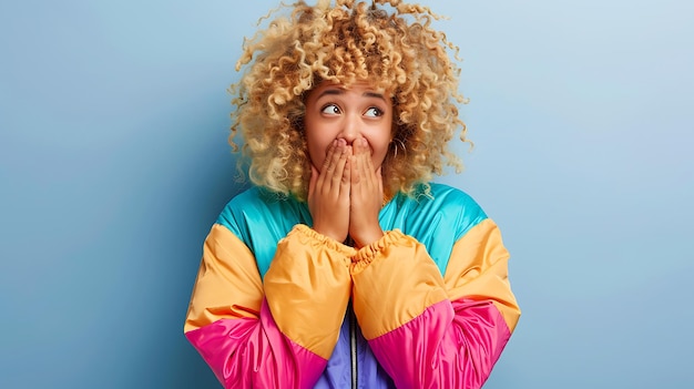 Photo young woman in vibrant jacket hiding mouth with hands