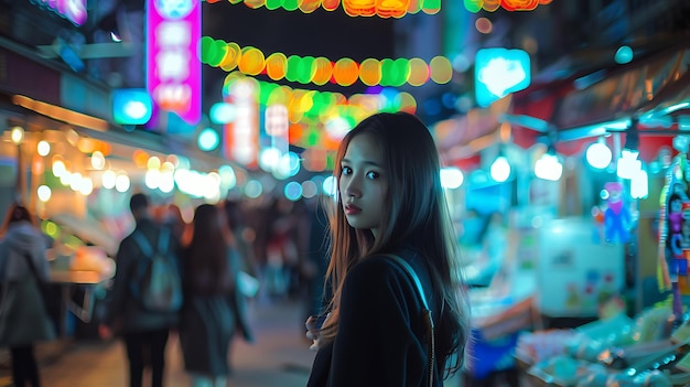 Young Woman in Vibrant Night Market with Colorful Lights