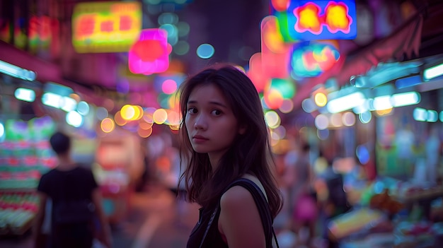 Young Woman in Vibrant Night Market with Neon Lights