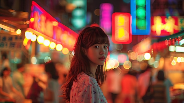 Young Woman in Vibrant Night Market with Neon Lights