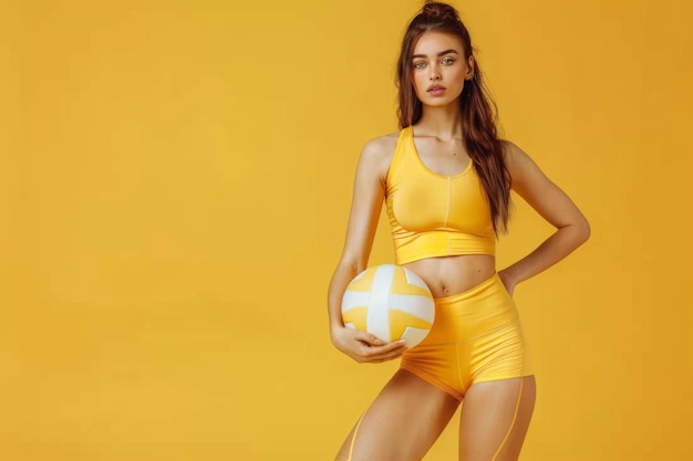 Young woman in a vibrant yellow outfit poses confidently with a volleyball against a bright backdrop