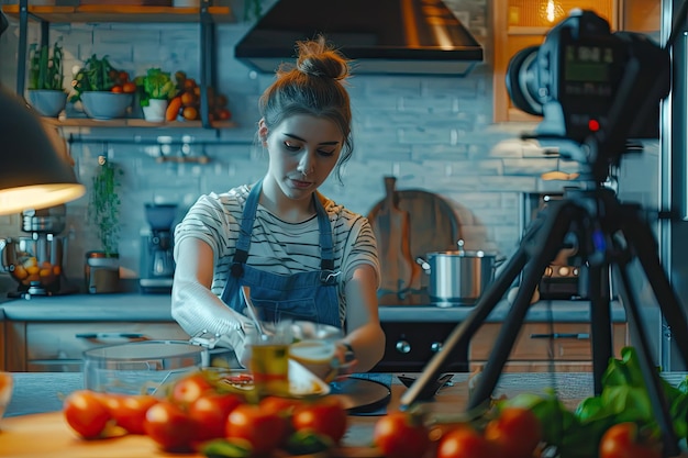 Photo young woman videoblogger cooking at the kitchen and filming