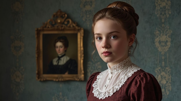 Photo young woman in vintage lace dress with classic hairstyle in antique room