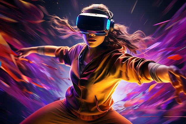 A young woman in VR glasses is engaged in fitness playing a VR fitness game in virtual reality