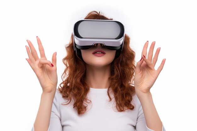 Photo a young woman in vr glasses isolated on white experiences the future young woman in vr glasses