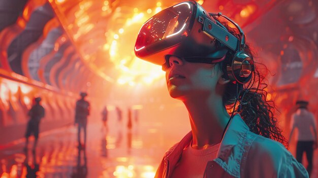 Young Woman In VR Headset at Virtual Reality Exhibition Futuristic Gallery Neon AI Generated