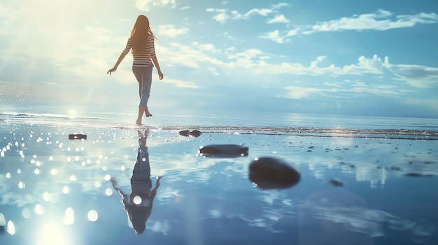 Photo young woman walking on the beach leaving footprints in the sand the sun is shining and the water is calm