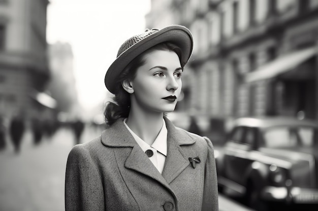 young woman walking in an European city in 1950