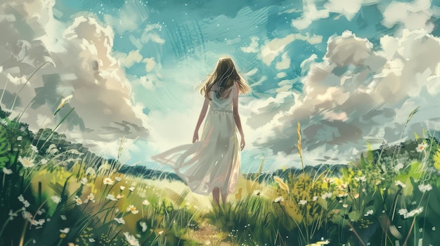 Young woman walking on grass Wellness and relaxation concept Anime painting Digital painting