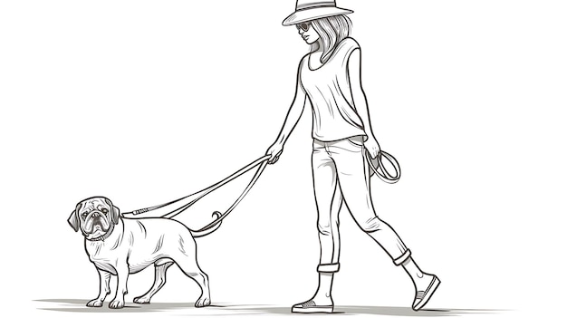 A young woman walking her dog on a leash The woman is wearing a hat sunglasses and casual clothes The dog is a bulldog