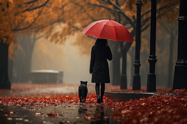 young woman walking her dog in the park in rainy autumn day sun shines AI Generated