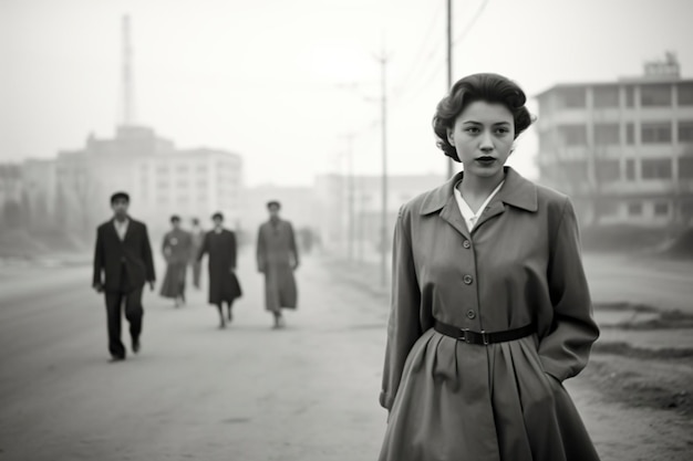 young woman walking in north korea in 1960 monochromatic