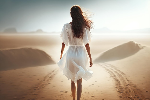 Young woman walks on deserted beach girl wearing white dress by sea generative AI