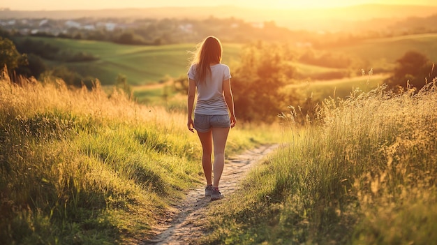 A young woman walks on a dirt path in a field at sunset