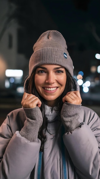 Young woman in warm clothing smiling looking at camera at night generated by artificial intelligenc