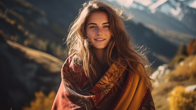 young woman in a warm scarf on a background of mountains in autumn day