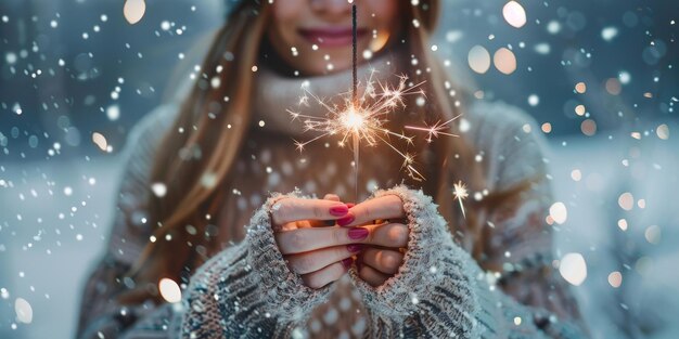 A young woman in warm woolen clothes holds a sparkler in her hands in winter in snowy weather outdoors