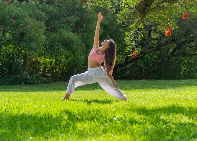 Young Woman on Warrior Pose Practicing Yoga in a Green ParkWellness Concept