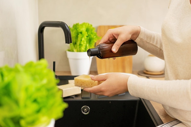 Young woman washes dishes with organic coconut sponge in the kitchen Potted lettuce from the home garden in the foreground