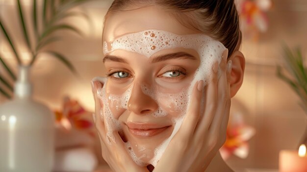 young woman washes her face with cosmetic facial foam against the backdrop of a bathroom in natural