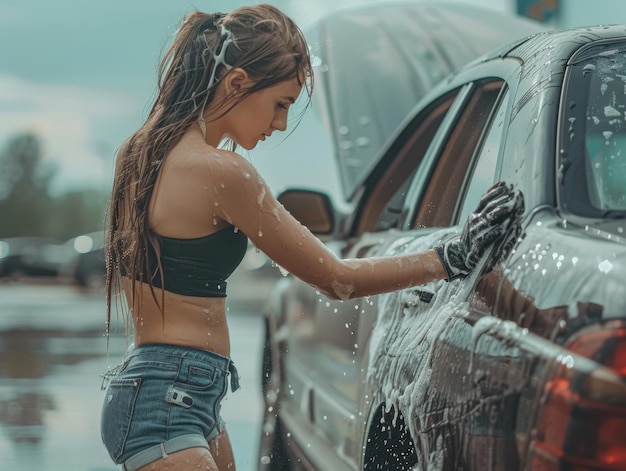 Young woman washing a car under rainy conditions in an urban setting during the evening