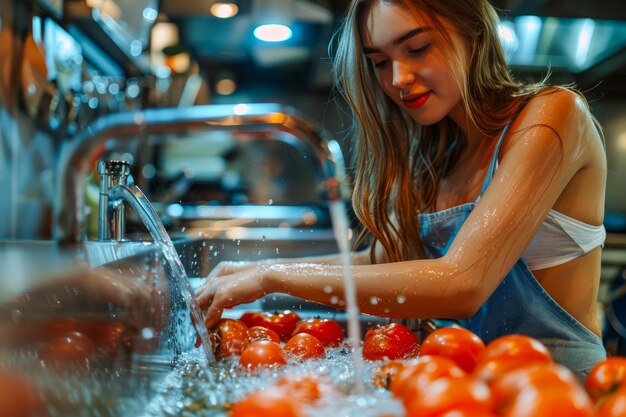 Photo young woman washing fresh tomatoes in kitchen sink with splashing water droplets and soft focus