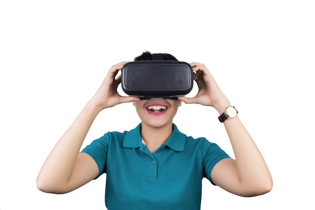 Young woman watching though the VR device 