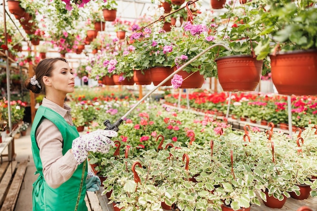 A young woman watering flowers and caring about them in a garden center or plant nursery.