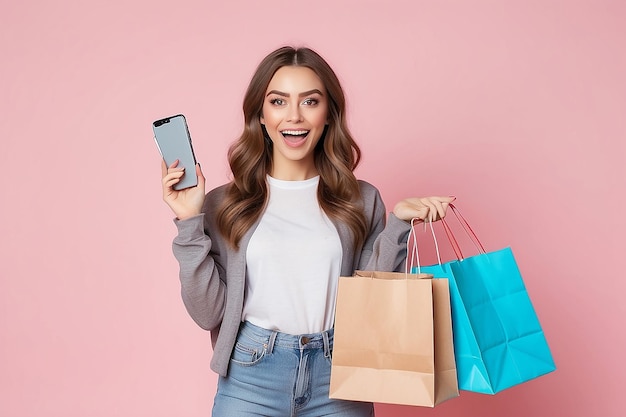 Young woman wear casual clothes hold shopping paper packaged fsdfgbn