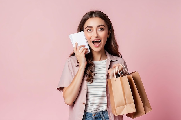 Young woman wear casual clothes hold shopping paper packaged fsdfgbn