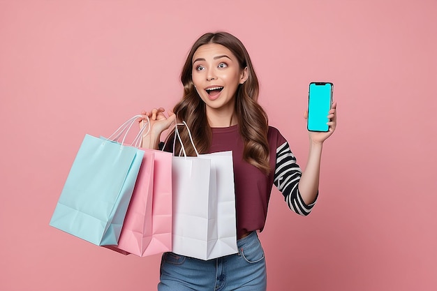 Young woman wear casual clothes hold shopping paper packaged fsdfgbn