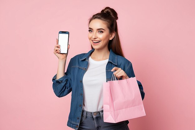 Young woman wear casual clothes hold shopping paper packagedfg