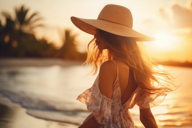 young woman wear light dress and with hat in hand walking alone on sandy tropical beach at summer