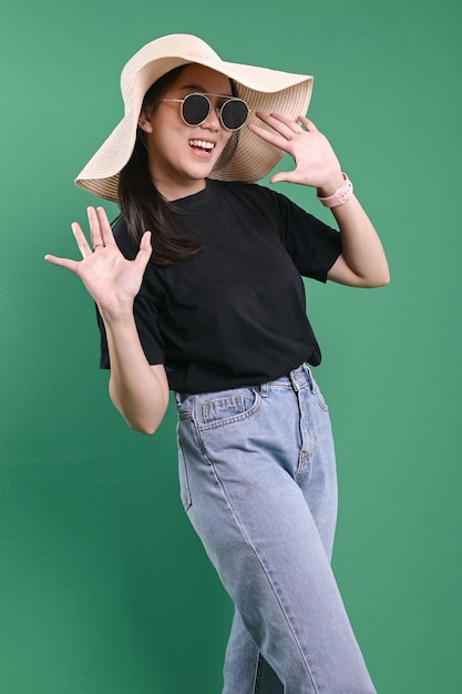 Young Woman Wear Sunglasses And Straw Hat Showing Happy Expression Vacation And Tourism Concept