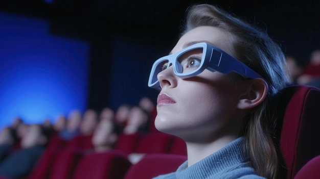 A young woman wearing 3D glasses captivated by a film in a dark theater filled with excited moviegoers