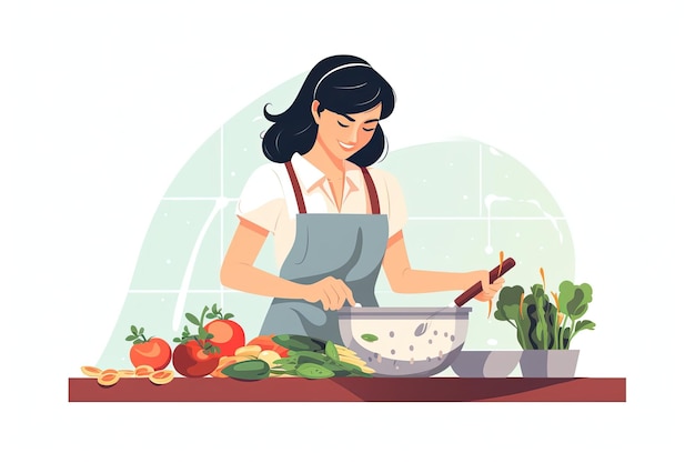 young woman wearing apron cooking on white background Cartoon flat illustration