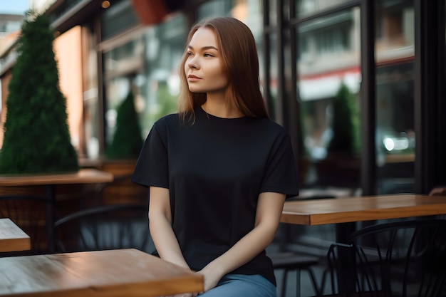 Young woman wearing bella canvas black t shirt and jeans at a cozy restaurant on summers day Design tshirt template print presentation mockup Ai generated