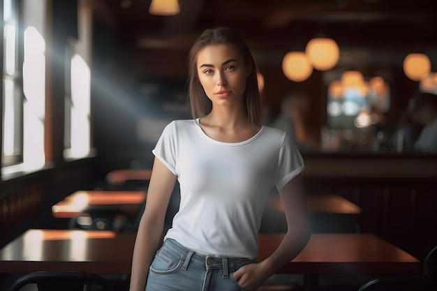 Young woman wearing bella canvas white t shirt and jeans at a cozy restaurant on summers day Design tshirt template print presentation mockup Ai generated