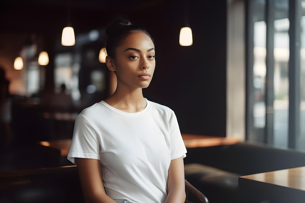 Young woman wearing bella canvas white t shirt and jeans at a cozy restaurant on summers day Design tshirt template print presentation mockup Ai generated