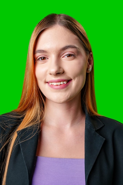 Young Woman Wearing Black Blazer and Purple Top Against Green Screen