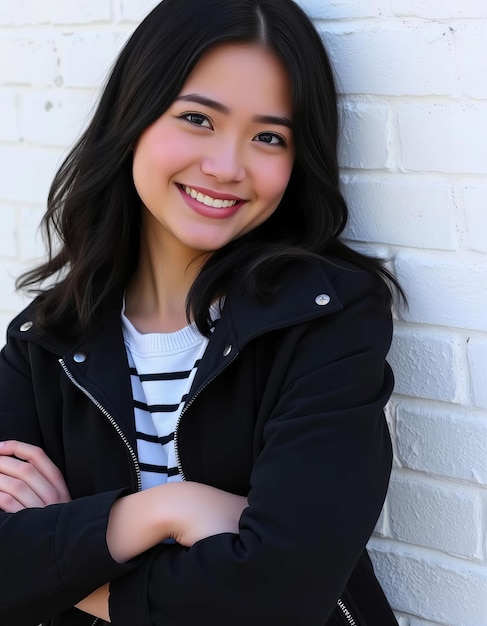 a young woman wearing a black jacket with a white stripe on the front