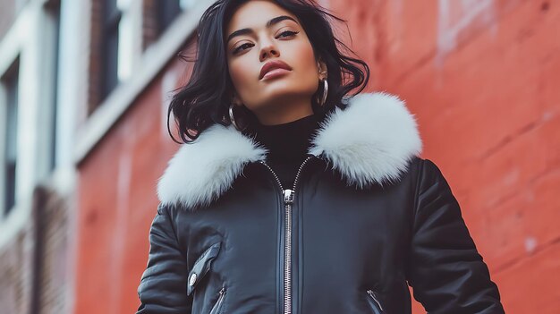 Photo a young woman wearing a black leather jacket with a white fur collar standing against a red brick wall