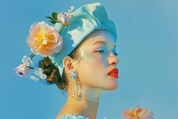 Young Woman Wearing a Blue Hat With Flowers and Long Earrings Against a Blue Sky