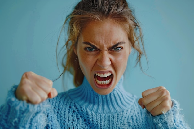 Photo a young woman wearing a blue sweater waved her arms