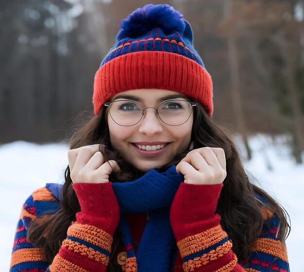 Young woman wearing colorful winter clothes