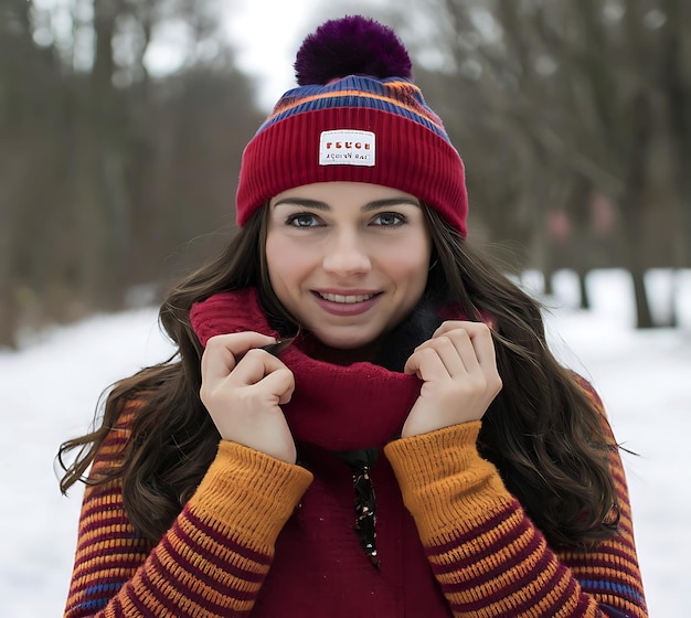 Young woman wearing colorful winter clothes